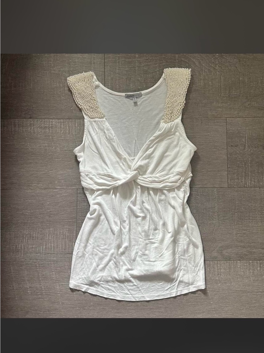 Y2K Charlotte Russe white beaded pearl tank top with front twist detail 🥥